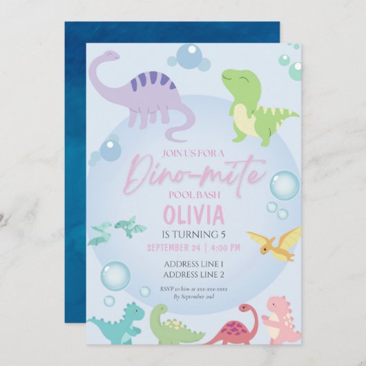 dinosaurus zwembad feest meisje verjaardag kaart (Voorkant / Achterkant)