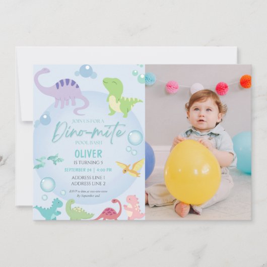 Dinosaurus zwembad party boy foto verjaardag kaart (Voorkant)