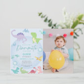 Dinosaurus zwembad party boy foto verjaardag kaart (Staand voorkant)