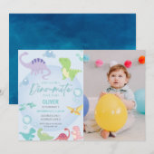 Dinosaurus zwembad party boy foto verjaardag kaart (Voorkant / Achterkant)