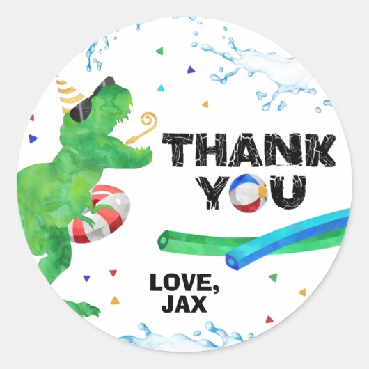 Dinosaurus Zwembadfeest Dankjewel Sticker (Voorkant)
