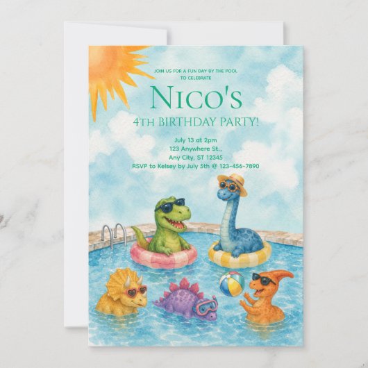 Dinosaurus zwembadfeest uitnodiging (Voorkant)