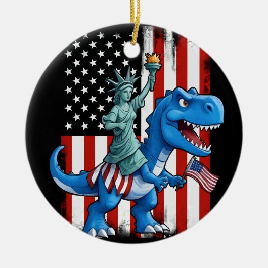 Dinosaurusbeeld Liberty 4th of July Amerikaanse vl Keramisch Ornament (Voorkant)