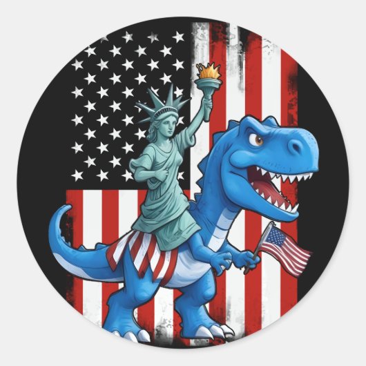 Dinosaurusbeeld Liberty 4th of July Amerikaanse vl Ronde Sticker (Voorkant)
