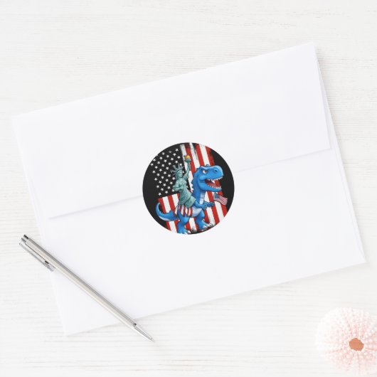 Dinosaurusbeeld Liberty 4th of July Amerikaanse vl Ronde Sticker (Envelop)