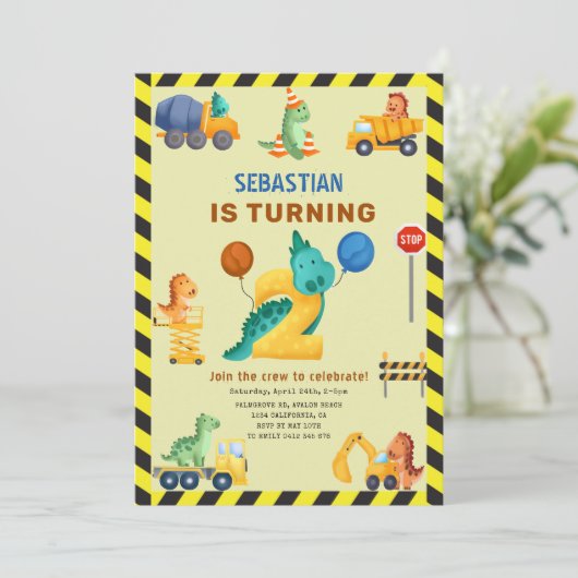 Dinosaurusconstructie 2e verjaardagsfeestje kaart (Staand voorkant)