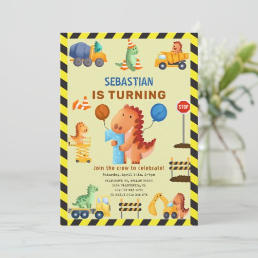 Dinosaurusconstructie, Dino Crew 1e verjaardag Kaart (Staand voorkant)