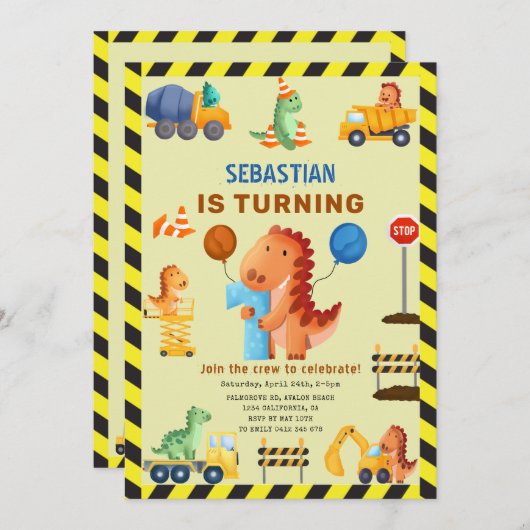 Dinosaurusconstructie, Dino Crew 1e verjaardag Kaart (Voorkant / Achterkant)