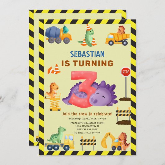 Dinosaurusconstructie Dino Crew 3e verjaardag Kaart (Voorkant / Achterkant)