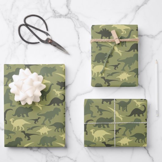 Dinosauruspatroon, dinosaurussilhouet, groene dino inpakpapier vel (Voorkant)