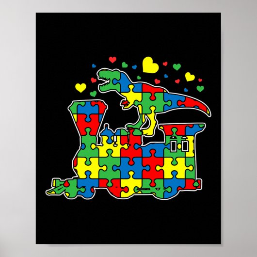 Dinosaurusrijdende trein puzzelstuk Autisme bewust Poster (Voorkant)