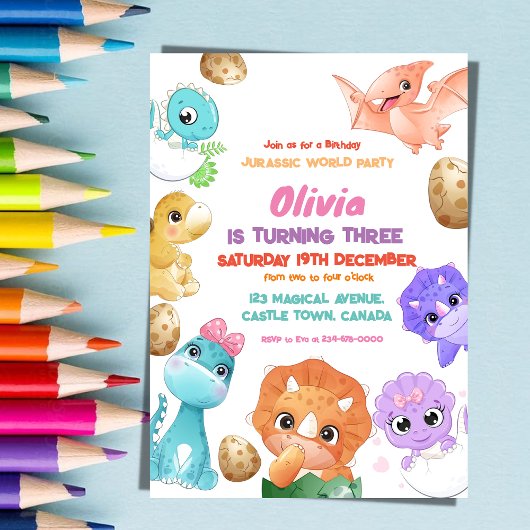Dinosaurussen 3e Meisje Verjaardagsfeest Uitnodigi Kaart