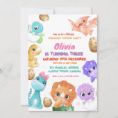 Dinosaurussen 3e Meisje Verjaardagsfeest Uitnodigi Kaart (Voorkant)