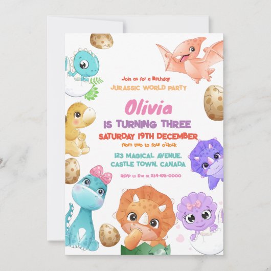 Dinosaurussen 3e Meisje Verjaardagsfeest Uitnodigi Kaart (Voorkant)