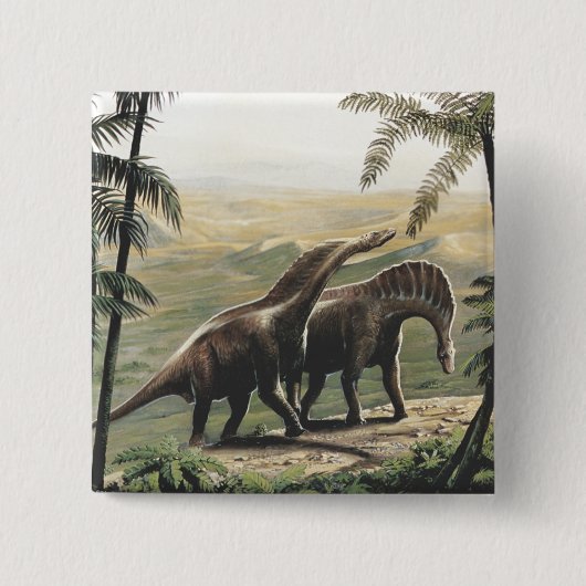 dinosaurussen, Amargasaurus met palmbomen Vierkante Button 5,1 Cm (Voorkant)