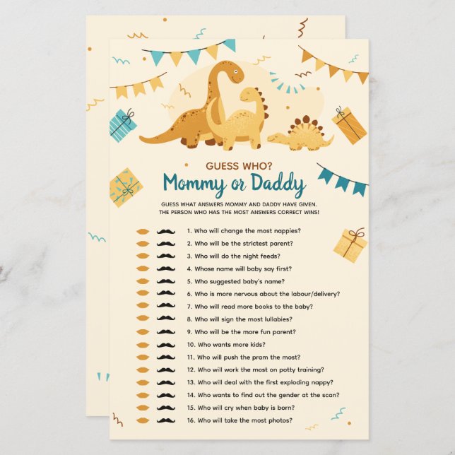 Dinosaurussen Baby shower Raad eens wie mama of pa (Voorkant / Achterkant)