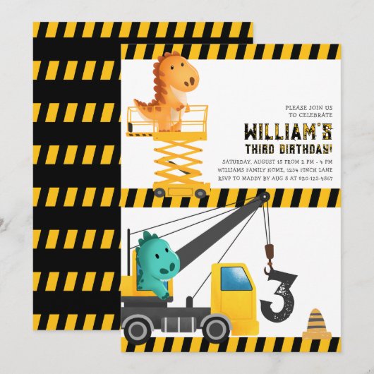 Dinosaurussen Bouw Verjaardag Uitnodiging (Voorkant / Achterkant)