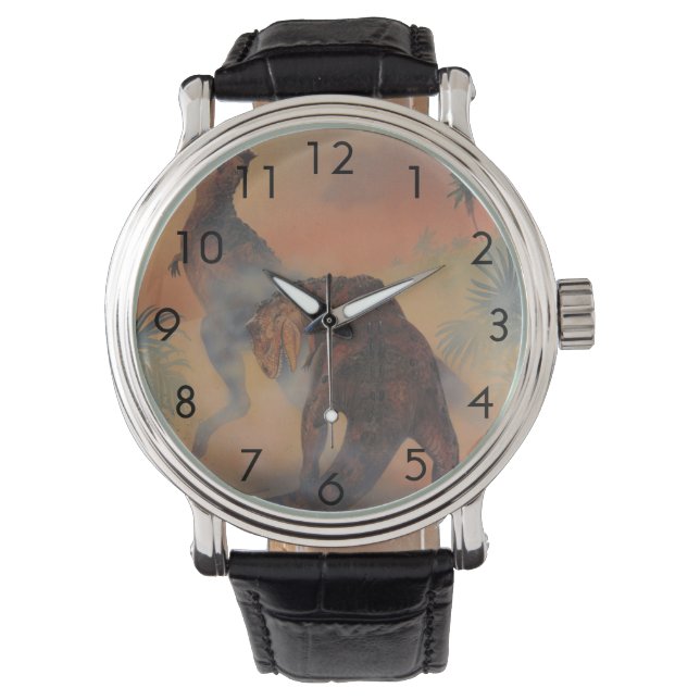  dinosaurussen, Carnotaurus Roaring in Oerwoud Horloge (Voorkant)