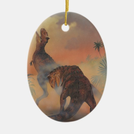  dinosaurussen, Carnotaurus Roaring in Oerwoud Keramisch Ornament (Voorkant)