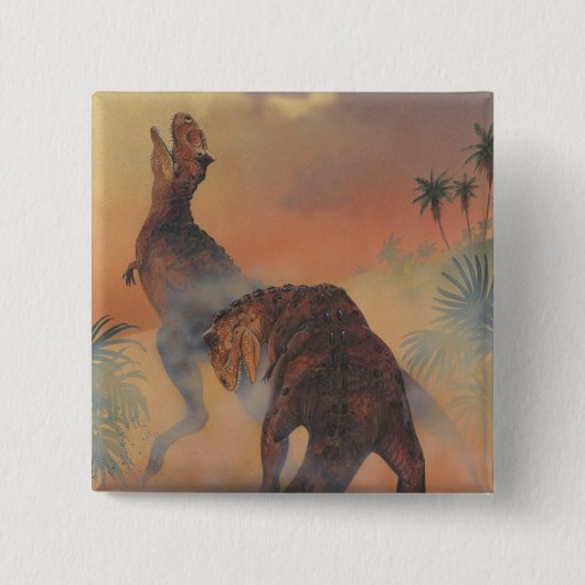 dinosaurussen, Carnotaurus Roaring in Oerwoud Vierkante Button 5,1 Cm (Voorkant)