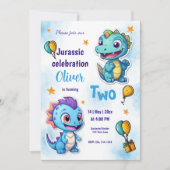 Dinosaurussen Cartoon Blauwe Verjaardagsviering Kaart (Voorkant)