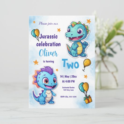 Dinosaurussen Cartoon Blauwe Verjaardagsviering Kaart (Staand voorkant)