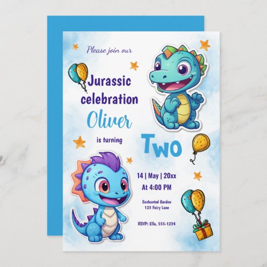 Dinosaurussen Cartoon Blauwe Verjaardagsviering Kaart (Voorkant / Achterkant)