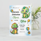 Dinosaurussen Cartoon Boy Eerste Verjaardag Party Kaart (Staand voorkant)