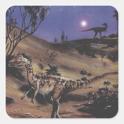  dinosaurussen, Dilophosaurus op een Sterrennacht Vierkante Sticker (Voorkant)