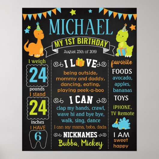 Dinosaurussen Dino Eerste verjaardagsteken voor ee Poster (Voorkant)