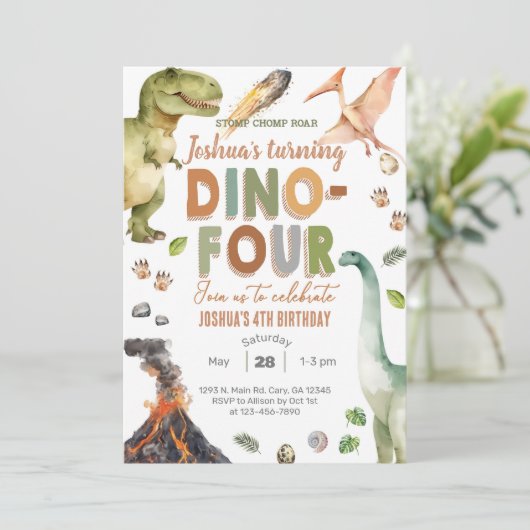 Dinosaurussen Dino-Four 4e verjaardag uit te nodig Kaart (Staand voorkant)