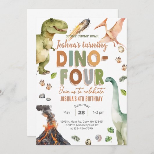 Dinosaurussen Dino-Four 4e verjaardag uit te nodig Kaart (Voorkant / Achterkant)