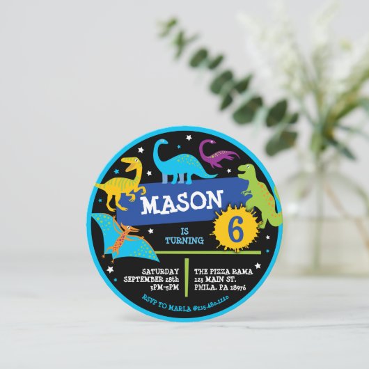 DINOSAURUSSEN DINO NEON Uitnodiging voor verjaarda (Staand voorkant)