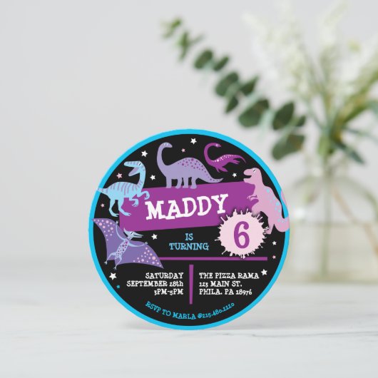 DINOSAURUSSEN DINO NEON Uitnodiging voor verjaarda (Staand voorkant)