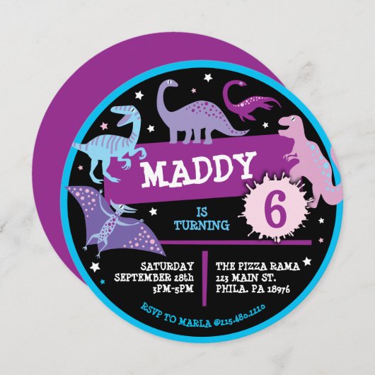 DINOSAURUSSEN DINO NEON Uitnodiging voor verjaarda (Voorkant / Achterkant)