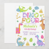 Dinosaurussen dino-vier meisje 4e verjaardag uitno kaart (Voorkant / Achterkant)