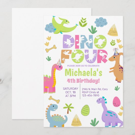 Dinosaurussen dino-vier meisje 4e verjaardag uitno kaart (Voorkant / Achterkant)