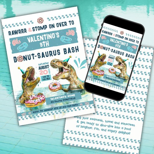 Dinosaurussen Donut Pool Party uitnodiging