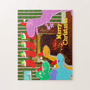 Dinosaurussen door de Fireplace Merry-kerstpuzzle Legpuzzel