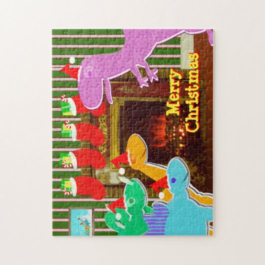 Dinosaurussen door de Fireplace Merry-kerstpuzzle Legpuzzel (Verticaal)