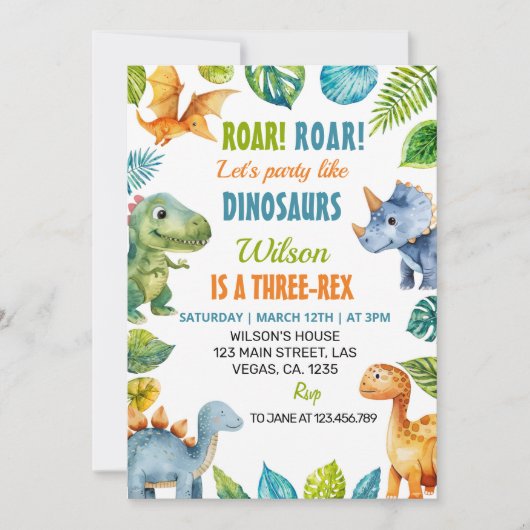 Dinosaurussen Drie-Rex Verjaardag Uitnodiging (Voorkant)