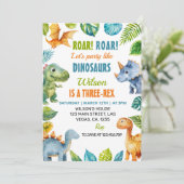 Dinosaurussen Drie-Rex Verjaardag Uitnodiging (Staand voorkant)
