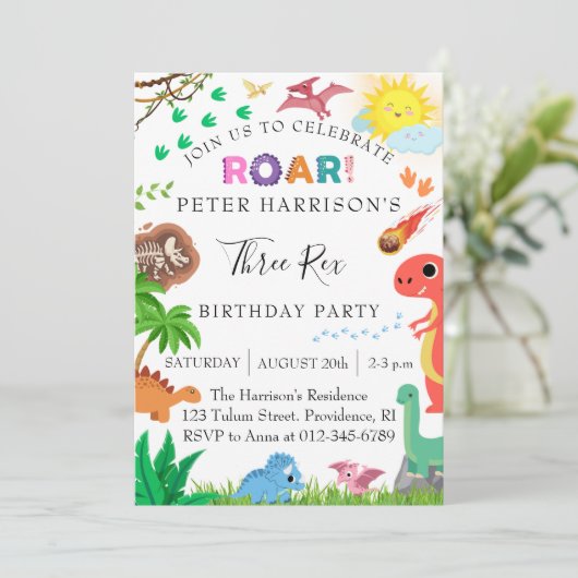 Dinosaurussen Drie Rex Verjaardagsfeest Kaart (Staand voorkant)