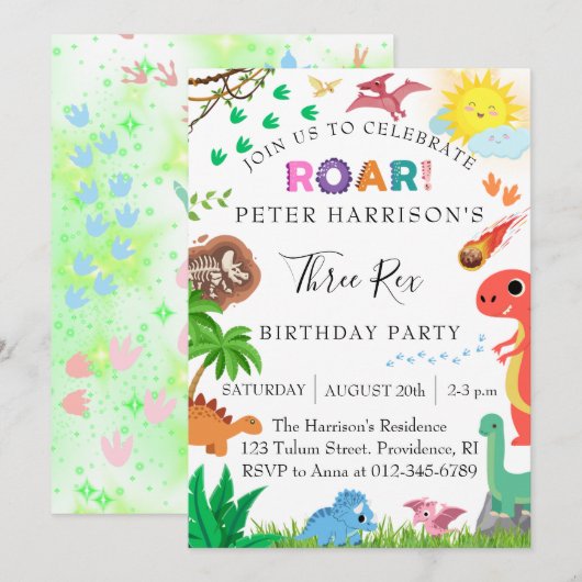 Dinosaurussen Drie Rex Verjaardagsfeest Kaart (Voorkant / Achterkant)