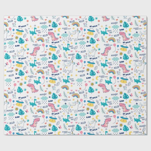 Dinosaurussen en eenhoorns voor kinderen cadeaupapier (Vlak)