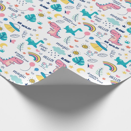 Dinosaurussen en eenhoorns voor kinderen cadeaupapier (Hoek)