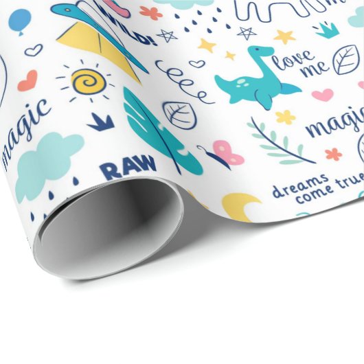 Dinosaurussen en eenhoorns voor kinderen cadeaupapier (Rol Hoek)