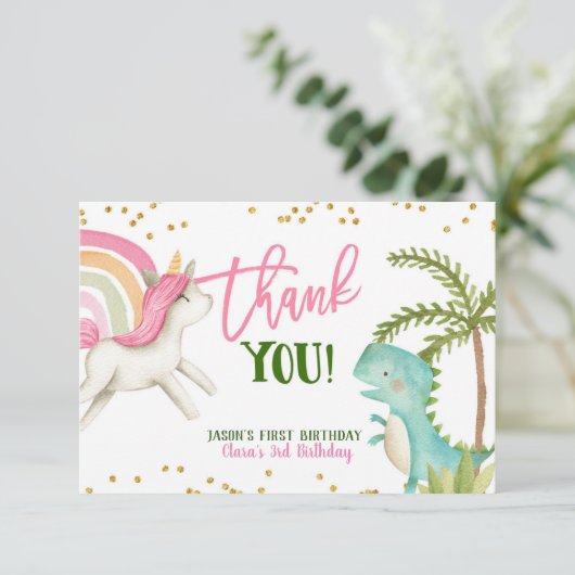 Dinosaurussen en Unicorns Birthday Dank je wel Bedankkaart (Staand voorkant)