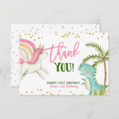 Dinosaurussen en Unicorns Birthday Dank je wel Bedankkaart (Voorkant / Achterkant)