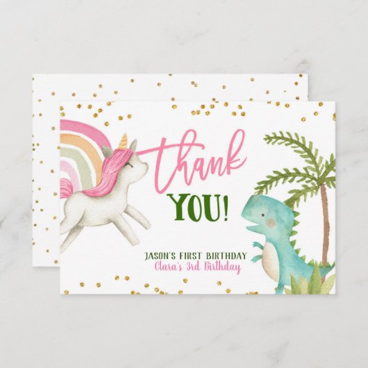 Dinosaurussen en Unicorns Birthday Dank je wel Bedankkaart (Voorkant / Achterkant)